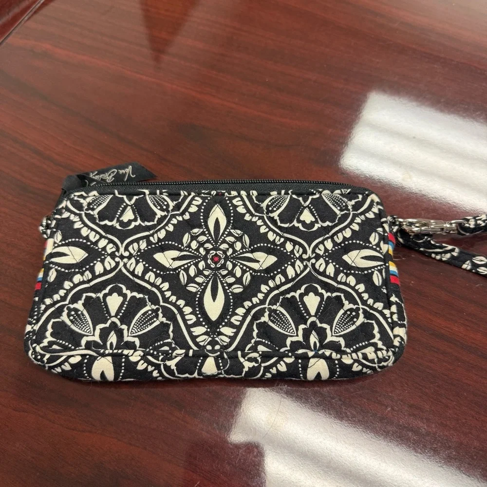 Vera Bradley Wristlet Black White Floral Zip Wallet Pouch Striped Accent